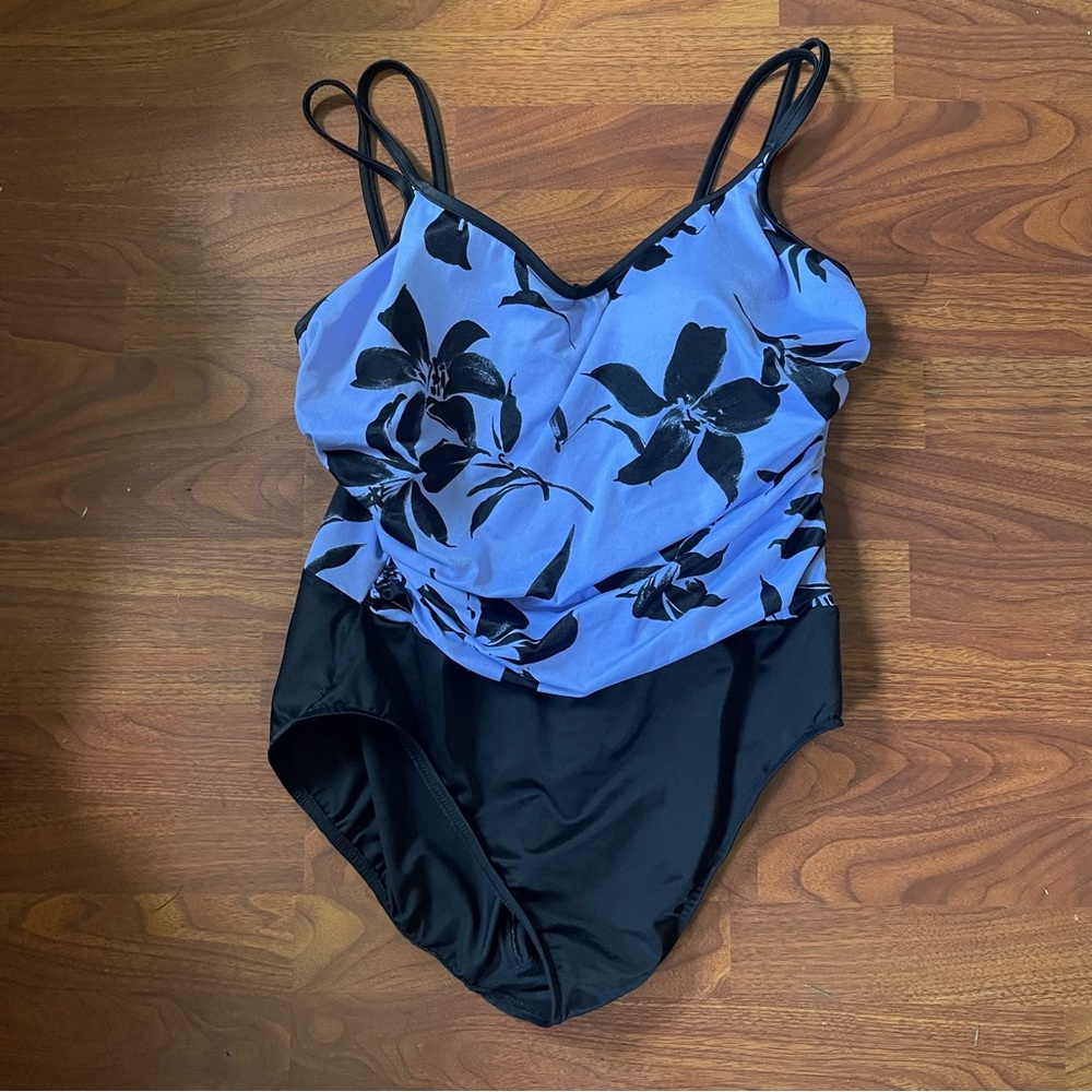 Trim Shaper size 18 swimsuit purple black blouson padded bra tank one piece
